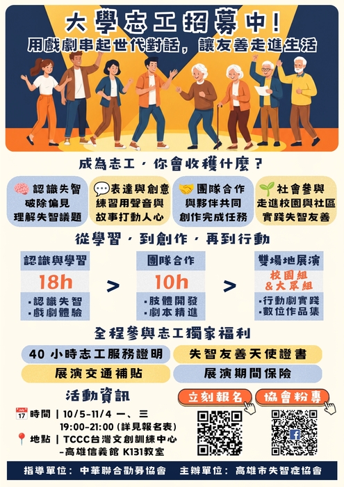 轉知：🎈《活動快訊》社團法人高雄市失智症協會「照護不孤島－跨世代失智友善共學實踐」大學生失智友善青年培育計畫圖片